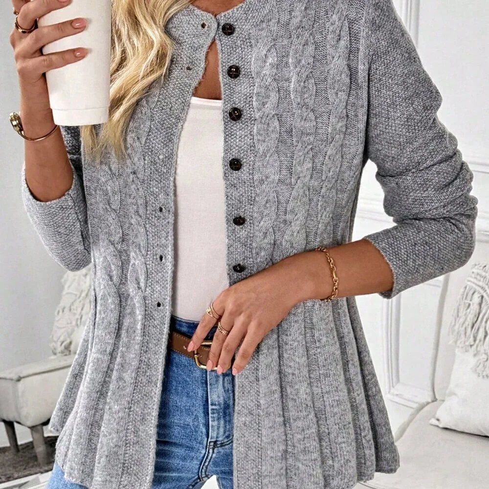 Grey Casual Women's Long Sleeve button down sweater Cardigan